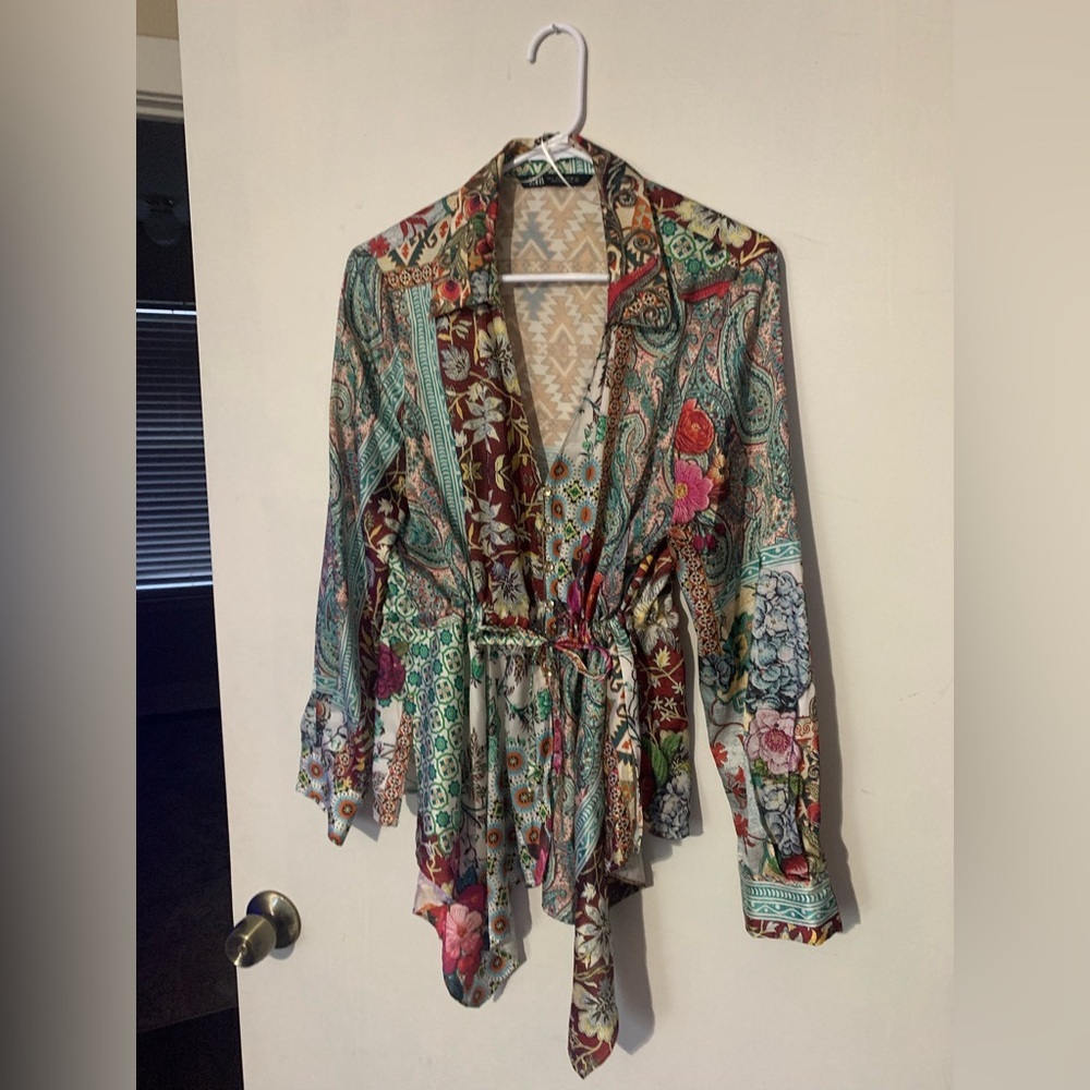 Zara Floral Paisley Wrap Blouse - Teal, Burgundy, Pink, Cream